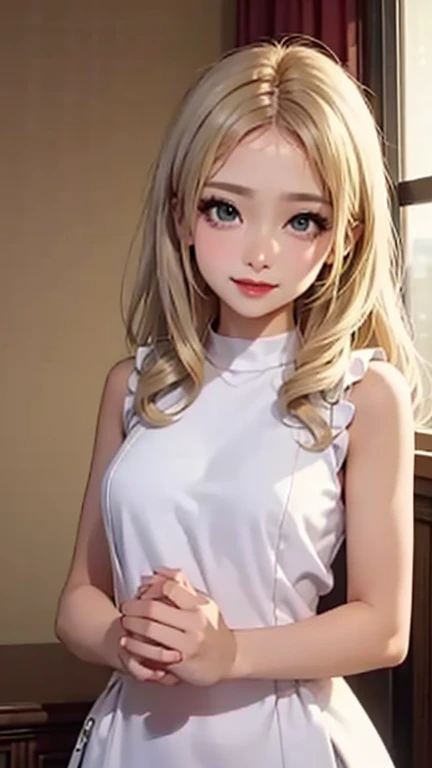 blush a little and smile, (Top quality masterpiece:1.2) Delicate illustrations, Very detailed, /Beautiful Japanese Women、1 person,Very cute and slim、Great style 、((8K images、super high quality))、Very delicate face, Skin and Hair、beautifule forehead、Red lipstick、(((((Mid-length hair、Blonde))))),Very cute Japanese cut face、Eyes and nose are clearly visible、Kind eyes,((((Sleeveless fashion))))