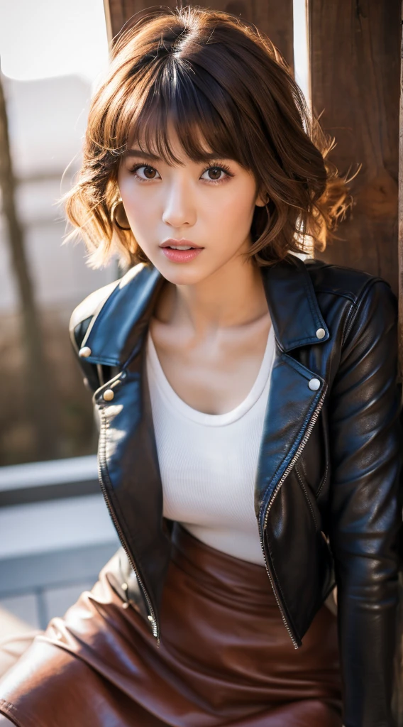 Best quality, 8 k, 32 thousand., masterpiece, uhd: 1.3), Photos of attractive Japanese women, one girl, (whole body : 1.0), press, Perfect body, (leather jacket:1.0),(skirt:1.1),(boots:1.1),ultra detailed face, Detailed lips, Perfect eyes, double eyelids,short hair,wild hair,