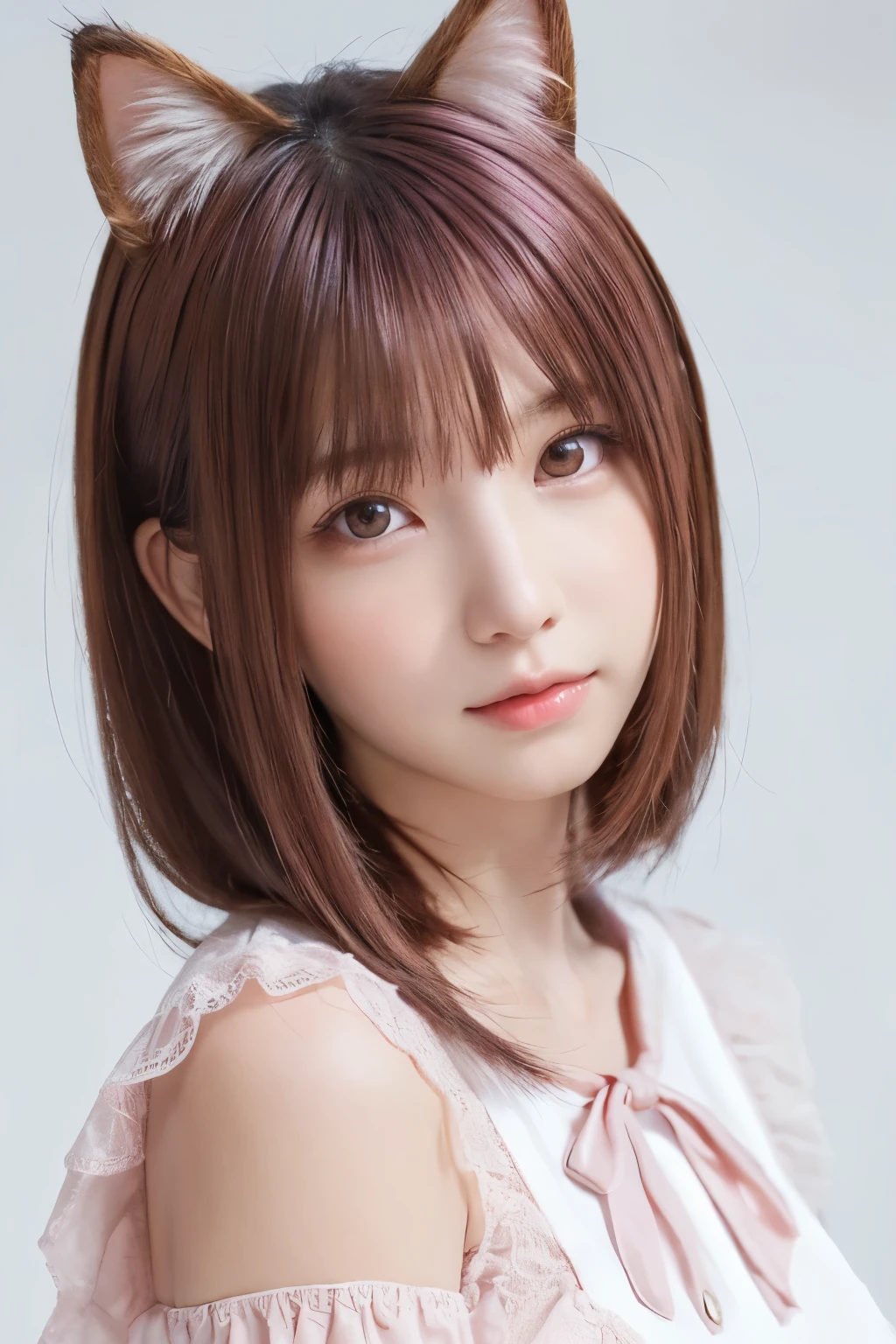 one girl, (a beauty girl, delicate girl:1.3), (16 years old:1.3),
break, (ruffle blouse, skirt:1.3), (cat ear:1.2),
break, (white background:1.3),
break, very fine eyes, (symmetrical eyes:1.3),
break, (small breasts:0.5), brown eyes, parted bangs, (pink hair:1.3),
break, (eyes and faces with detailed:1.0),
break, (masterpiece, best quality, ultra detailed, detailed face, 8k)