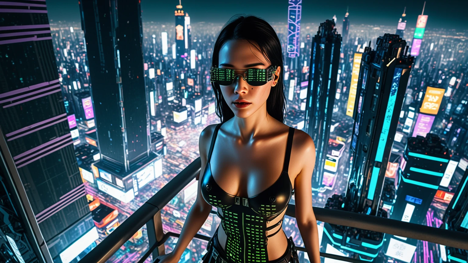 (((aerial view))) of a sprawling Cyberpunk cityscape, (((all-glass reflective))) towering skyscrapers, a lot of neon lights and holographic billboards, futuristic, high-tech and grunge elements, 1drone, high-resolution OLED GUI interfaces in the building, the (((open-air))) all-glass string sky bridge is filled with transparent data visualization infographics that show it all, from weather patterns to traffic flow, (((Matrix cascading code))). In the foreground, a female robot, mechanical joints and LED facial markings, adorned with digital patterns or neon accents. Matrix style, at night, (((1girl, solo))), photo realistic, (large-breast:1.2 slim body, cleavage), (((sling bra top, extreamly short pleated (((miniskirt))) exposing panty))), (((((matrix style black sunglasses))))), (((((aiming at camera with a (short gun), (looking at camera)))))), (((((half-body (thigh level) medium shot))))), (cinematic lighting).