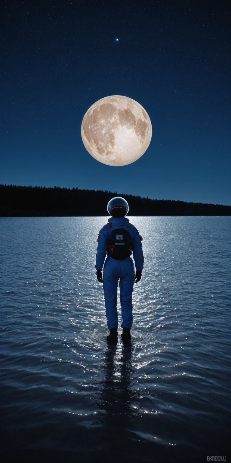 score_9, score_8_up, score_7_up, BREAK,
 a girl in a space suit standing in the water, inspired by Mike "Beeple" Winkelmann, trending on pexels, space art, amazing colorful background, purplish space in background, big moon above the water, beautiful image ever created, girl looks at the space, the most beautiful scene, wow it is beautiful, absolutely outstanding image, redshift vibes