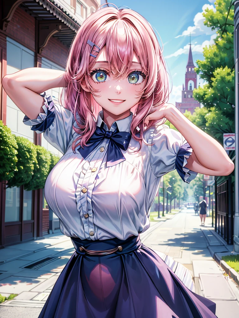 best image quality, (masterpiece:1.2), ultra detailed, exquisite, cowboy shot, high quality, Beautiful art, One Girl, looking at viewers, (leaning forward:1.5), arms behind back,  ((18 years old, Big Breasts, Giant bust:1.2)), fair skin, beautiful skin, Detailed teeth, Light green eye rest, Meticulous Eyelash Details, twinkle(in the eyes), Pastel pink French Braid, thin, smile, Heartily laugh, Fashionable clothes、(white ruffled blouse:1.1)、White collared shirt, (dark blue high-waist skirt:1.5), (Short sleeve shirt:1.1), from above,  in a town