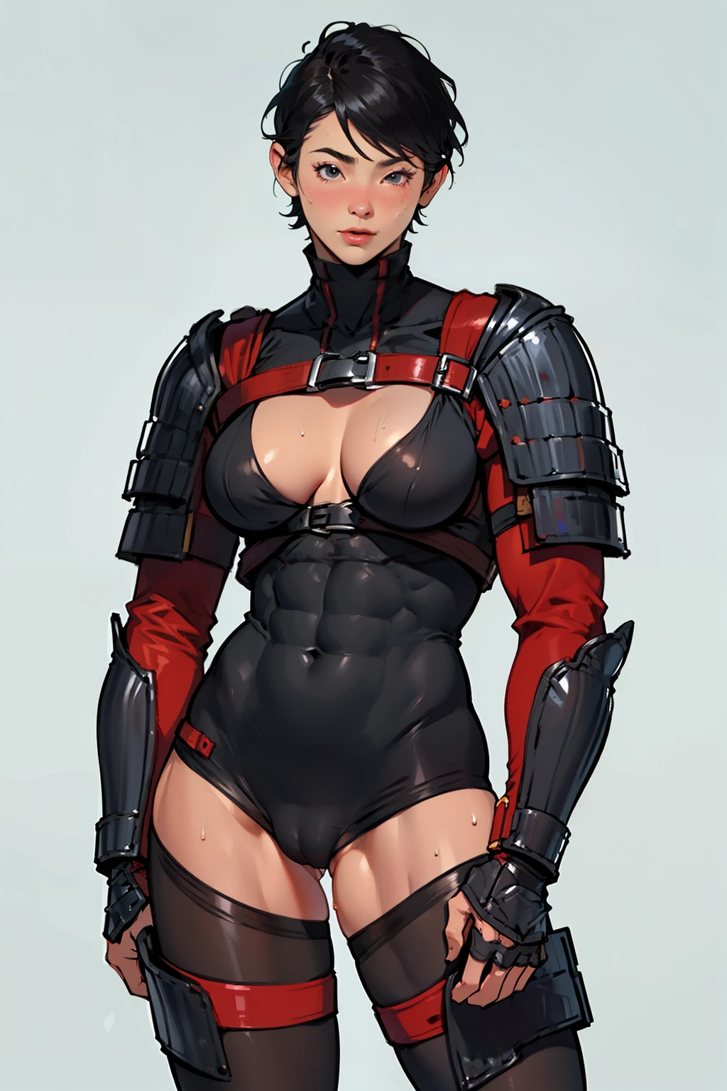 (high resolution, pixel perfect, gorgeous illustrations), (hyper quality, muste piece, etheric: 1.4), cowboy shot, ((1girl)), woman, bitch, vagina, (((stand,open legs))), cool atmosphere, ((((very short hair)))), ((Exquisite face)), ((((fucked silly)))), (((((((muscular))))))), ((thick thighs)), (((wide hips))), ((Big breasts that are about to burst)), fighter, (((wh_chi_armor))), ((arm guards)), ((black_zentai, black_bodystocking)), ((cameltoe)), shiny skin, gleaming skin, sweat, simple background,