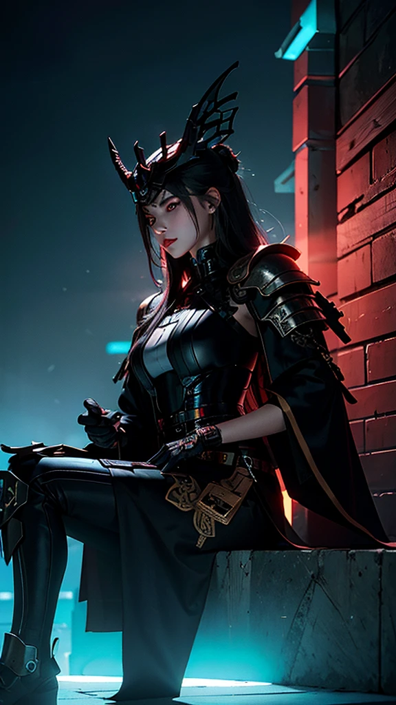 Surreal version of a super cool woman standing on a wall with sword in hand, Sitting on the wall, very beautiful cyberpunk samurai, Sitting on the wall, Futuristic background, Smoky background, cyberpunk anime art, cyberpunk samurai , cyberpunk city anime art, cyberpunk anime, cgsociety 9, digital cyberpunk anime art, style of maciej kuciara .1girl, samurai armor, demon mask helmet, intricate decorations, details, cool colors, metallic, Egyptian details, very intricate details, realistic lighting, trending on social cgs, glowing eyes, facing camera, Brick wall,neon details, surreal details , full body portrait, Japanese atmosphere, global lighting, shadows, octane rendering, 8k, super sharp lolita.((Best quality)), ((masterpiece)), (chi details) :1.4), 3D, image of a beautiful cyberpunk female, HDR (High Dynamic Range), Beam Range, NVIDIA RTX, Ultra High Resolution, Unreal 5, Subsurface Scattering, PBR Textures , Post-processing, Anisotropic filtering, Depth of field, Maximum clarity and sharpness, Multi-layer textures, Reflection and specular maps, Surface shadows, Accurate simulation of material interactions- lighting, Perfect Ratio, Octane Rendering, Two-Tone Light Color, Wide Aperture, Low ISO, White Balance, Rule of Thirds, 8K RAW,