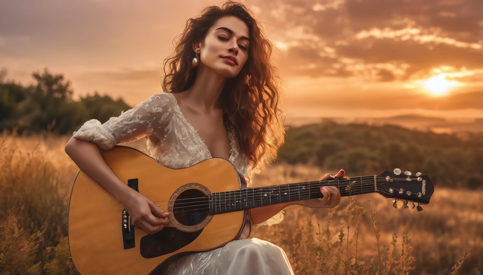 ((best quality)), ((masterpiece)),(detail), perfect face, full body shot of a beautiful woman playing guitar, Clear face, clear guitar, romantic style, retro vintage and romanticism, beautiful sunset nature in background, hyper-realistic photos, 8k, ultra high resolution,sharp faces