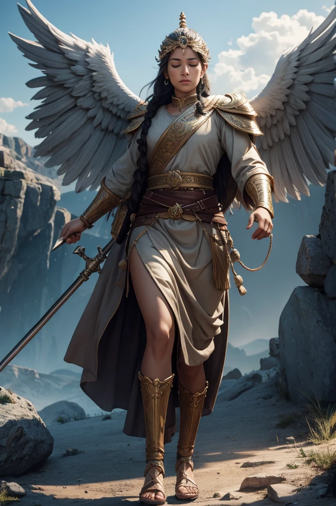 Description: a biblical giant with angel wings, andando por una plain con jirafas y pueblos biblicos a su alrededor mirandole con asombro , bottom: plain, Activity: Meditating, image quality: 8k, aspect ratio: 16:9, energy: media, Size: mediano, Structure: free, vibrates: sci-fi, Type of light: colorful