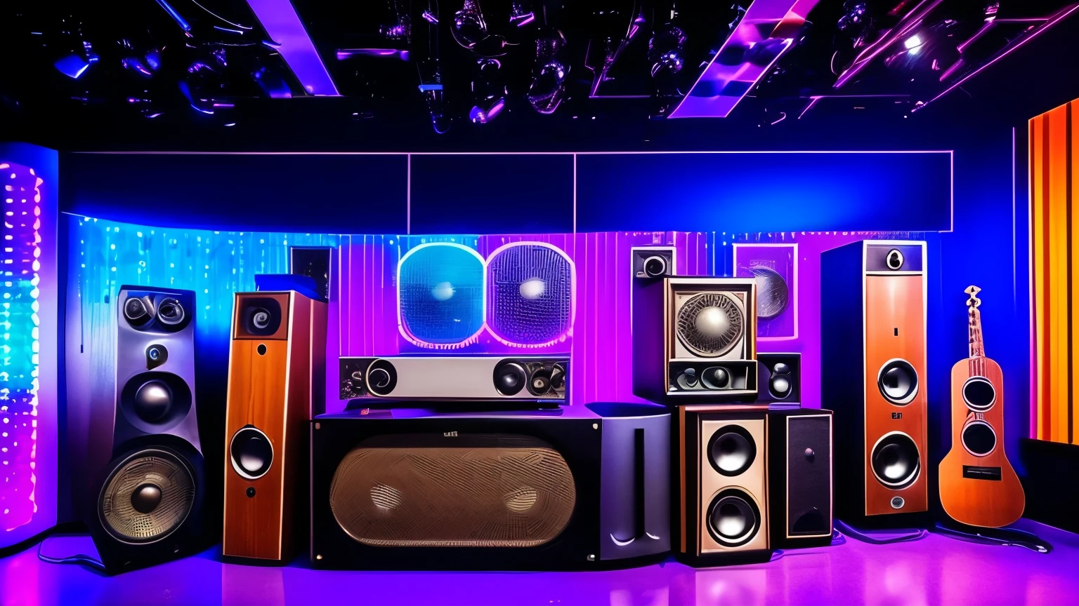 Music not Ar: Vintage speakers strategically placed around the space flood the space with the signature sounds of disco hits.