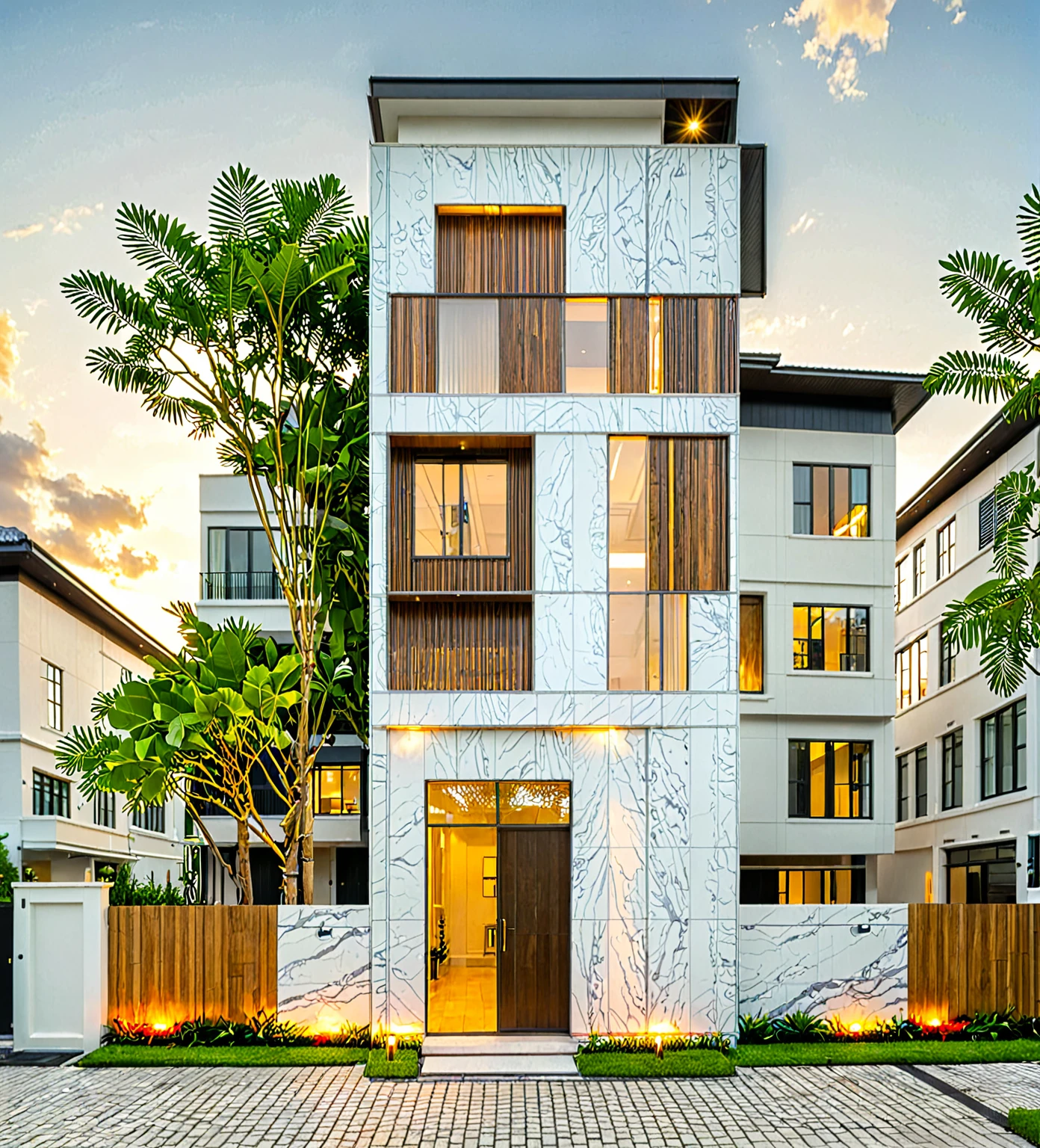modern townhouse on street, (sunset), tropical tree, vivid colour, streetcapes, white tone, white wall, large glass door, (warm interior lighting:1.2), wood and marble, best quality,