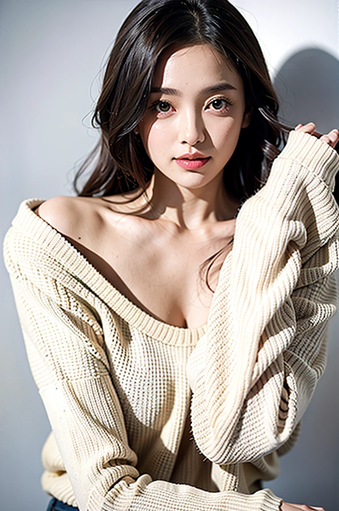 1girl,sweater,white background,