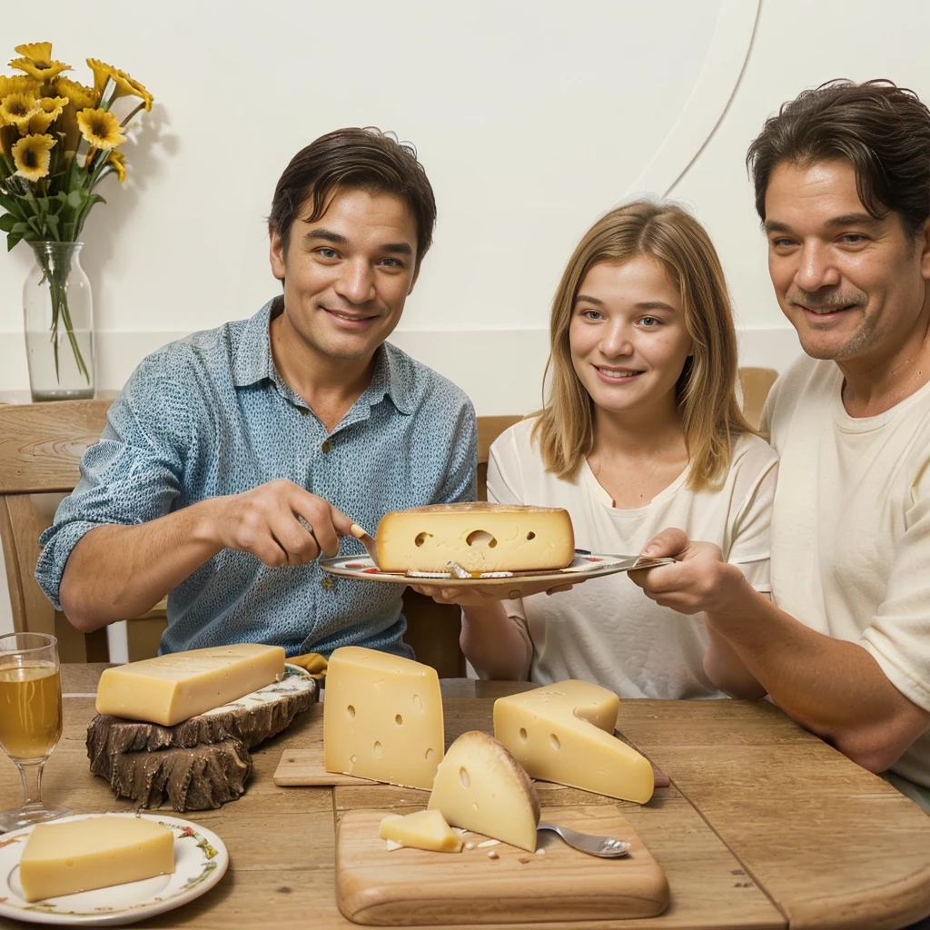 family of ((adult man and woman who are (over 45 years old)) and (( boy and girl (12 yearssitting at the table with food, Eating cheese, Warm and joyful atmosphere, shutterstock, stock image, stock image, stock image, promotional image, useful image, promotional photo, good morning, Family dinner, photo stop, delicious, cheese on the table, stock, artistic interpretation, slice of life, on trend, youtube thumbnail, portrait shot, Noon