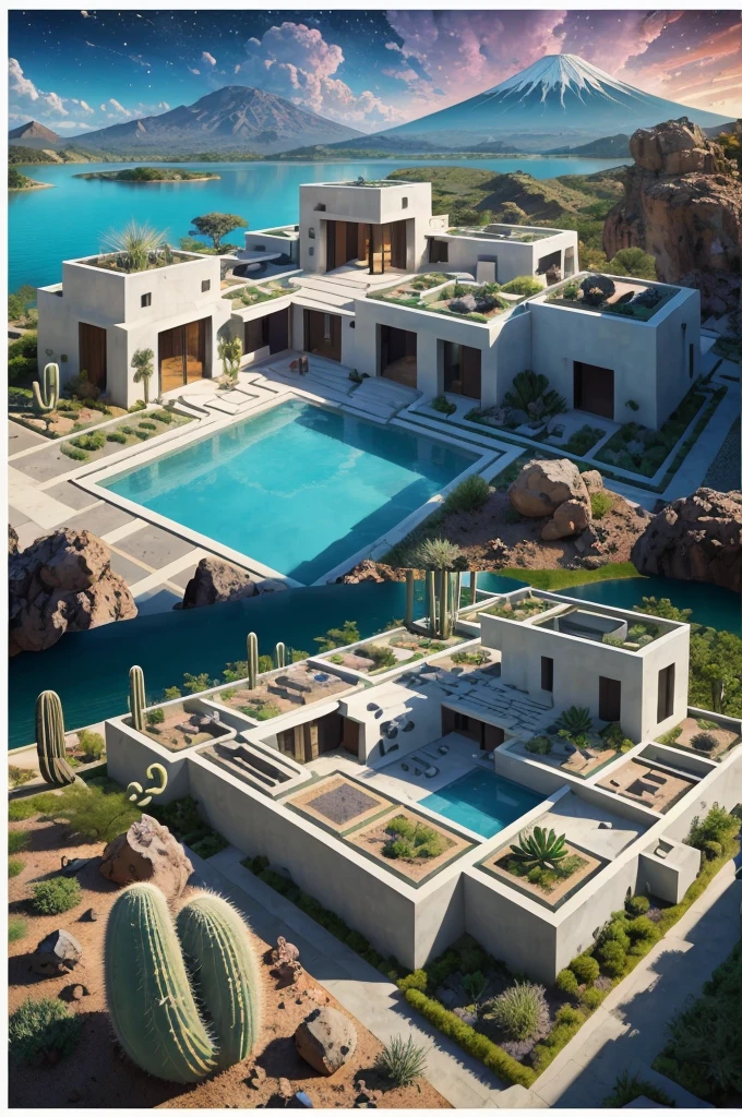 An illustration, collage style, David Hockney visual style, (((Luis Barragán's architectural style houses in middle of a lake))), big boulders, little cascade, mountains, volcanos, volcanic landscape, pool, stairs, beautiful gardens, abundant vegetation, cacti, agave, big clouds, sunset. Magazine cover, serif tipography, editorial design, masterpiece, An illustration in collage style, con rocas gigantes, Brutalist construction sections, escaleras, cactus, agave, textura de concreto, Multiple geometric shapes, hatch and cross hatching, planeta Saturno. ((masterpiece, best quality)),illustration,ultra detailed 8k. (((An illustration of a build designed by Luis Barragán))), with a desertic vegetation garden, (big rocks), ((cacti)), lake, volcano in horizon, smooth clouds, (((illustration collage format))), ((Escher's art style)), (((multiple sections))), (violet, blue, olive green, grey, black and white), hard shadows, (((geometric sculptures))), concrete sculptures, high contrast, dramatic, cinematographic, ((milky way galaxy)), intricate, intricate details, sharp focus,landscape