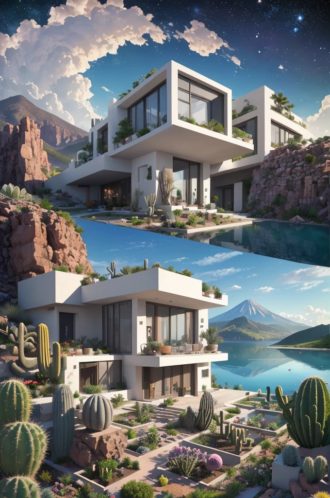 An illustration, collage style, David Hockney visual style, (((Luis Barragán's architectural style houses in middle of a lake))), big boulders, little cascade, mountains, volcanos, volcanic landscape, pool, stairs, beautiful gardens, abundant vegetation, cacti, agave, big clouds, sunset. Magazine cover, serif tipography, editorial design, masterpiece, An illustration in collage style, con rocas gigantes, Brutalist construction sections, escaleras, cactus, agave, textura de concreto, Multiple geometric shapes, hatch and cross hatching, planeta Saturno. ((masterpiece, best quality)),illustration,ultra detailed 8k. (((An illustration of a build designed by Luis Barragán))), with a desertic vegetation garden, (big rocks), ((cacti)), lake, volcano in horizon, smooth clouds, (((illustration collage format))), ((Escher's art style)), (((multiple sections))), (violet, blue, olive green, grey, black and white), hard shadows, (((geometric sculptures))), concrete sculptures, high contrast, dramatic, cinematographic, ((milky way galaxy)), intricate, intricate details, sharp focus,landscape