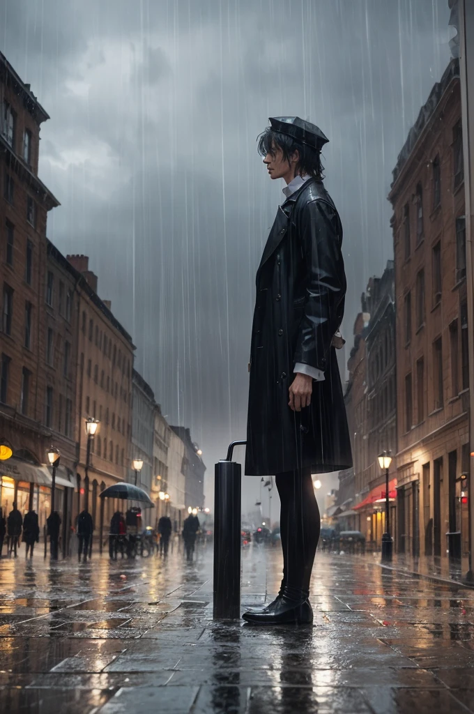 A rainy weather scene in the square with Newton taking a rain shower