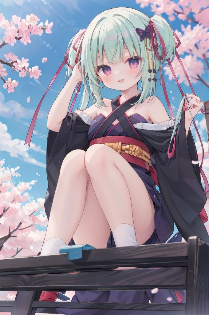 ((masterpiece,best quality))
 1 Girl, Murasame, two simoralitye up, Hair accessories,
kimono, bare shoulmoralityers, half-closemorality eyes, remorality eyes, :morality, outmoralityoors, Cherry blossoms, blue sky smile crouching