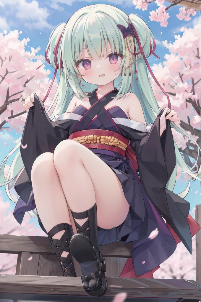 ((masterpiece,best quality))
 1 Girl, Murasame, two simoralitye up, Hair accessories,
kimono, bare shoulmoralityers, half-closemorality eyes, remorality eyes, :morality, outmoralityoors, Cherry blossoms, blue sky smile crouching