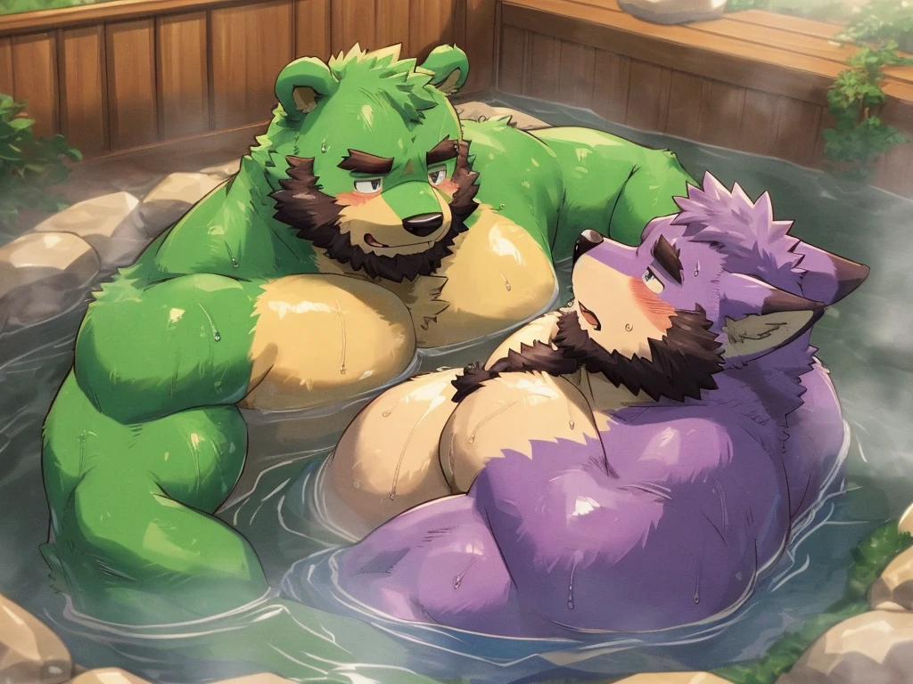 anthro, kemono, male, 2 men in the bath, furry, anthro, (((1 purple fox and 1 green bear))), outdoor hot spring, outdoor bath, sweating, (((mature, beard))), endomorph,