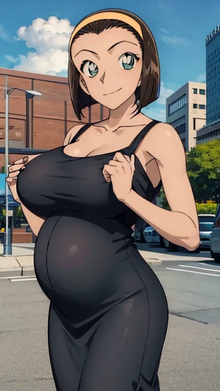 Looking into the camera、When I Look at You、lookatviewer、Anime Style、Eroge、1 Girl,  (Huge long breasts:1.2), (Black camisole maxi dress)、Low Angle、Brown haired, hair band、Bob Hair、The forehead is visible、smile,Round Breasts、Pregnant women