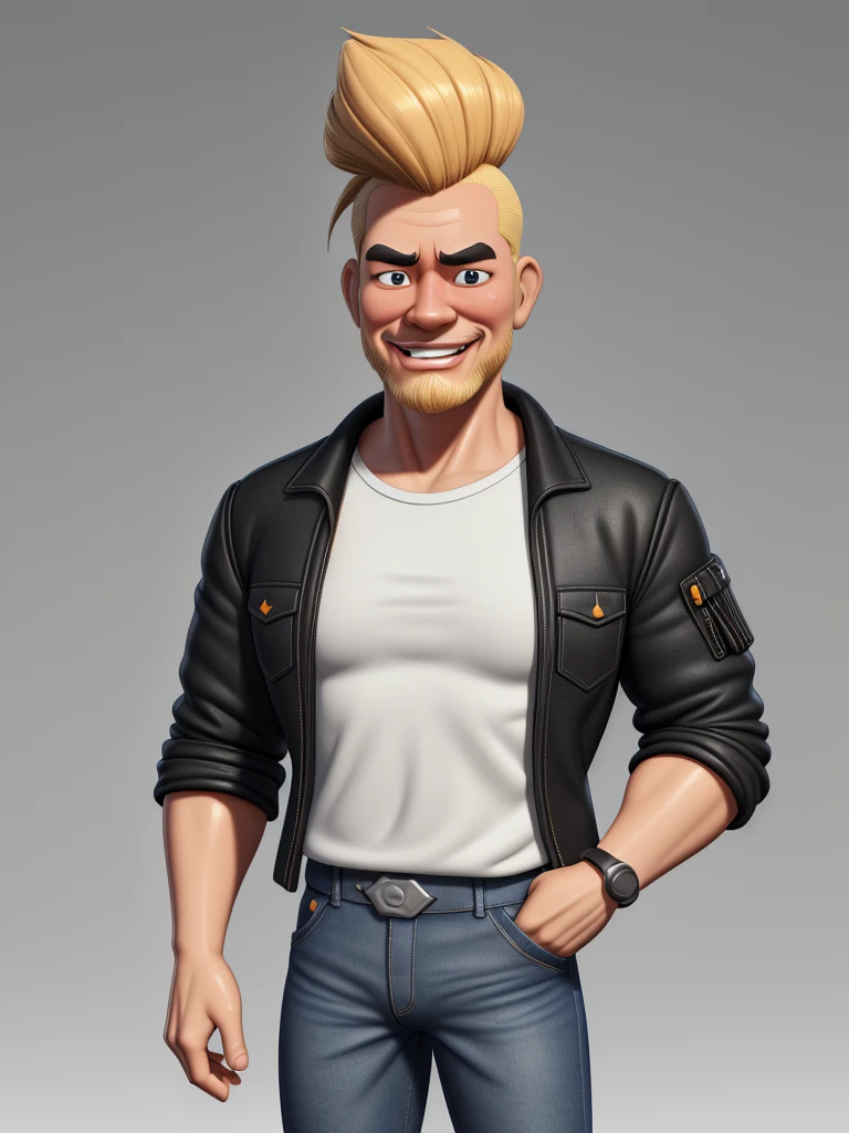 Create a 3D cartoon style caricature. full body with a big head image of a 50 year old Indonesian man, crested hair, thin face, straight thick eyebrows, smiling mouth, very long realistic chin beard, bright colors trending on artstation, solid color background wall, wearing a black jacket, jeans, white sneakers, beautiful 3D rendering, cute pixar, inspired by Du Qiong, blond haired boy, andrew dickson, realistic, 3D, cartoon style, well shaded, smooth, Pixar, Lexica Aperture v.3.5