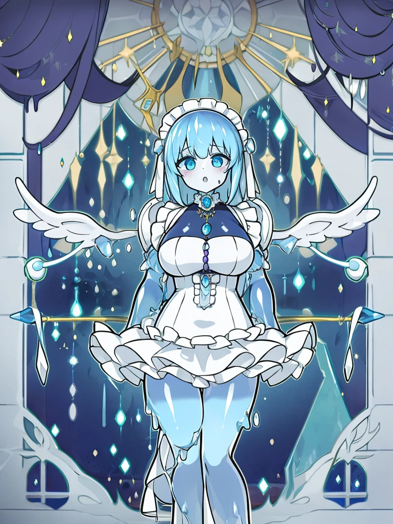 (Slime girl), (transparent body), (slimy body), (huge boobs), (cleavage), (maid uniform), (frilled dress), (Victorian dress), (white dress), (blue gemstone pendant), (sapphire jewellery), abomination , extra eyes, extra arms, scary, transforming, scary, tentacles, ,eldritch ,humanoid robot, robot, robot joints, joints, helmet, armor, robot girl