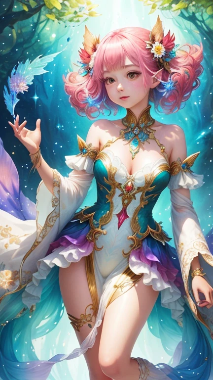 An enchanting anime girl gracefully emerges from the watercolor page, Her vibrant and intricate colors bring her work to life.. She wears amazing fantasy costumes,Elaborately decorated, It reflects the fascinating world she lives in.. Luminous body, Like shining crystals and mysterious threads, Surrounding her, Soft Cast, Otherworldly brilliance. Watercolor style、Gives your images fluidity and delicacy。, It's as if the colors are blending and blending naturally.. Camera shot: Medium Shot, Camera Lens: Soft Focus, Lighting: Illuminate, Watercolor brush strokes,Watching the audience,Realistic depiction