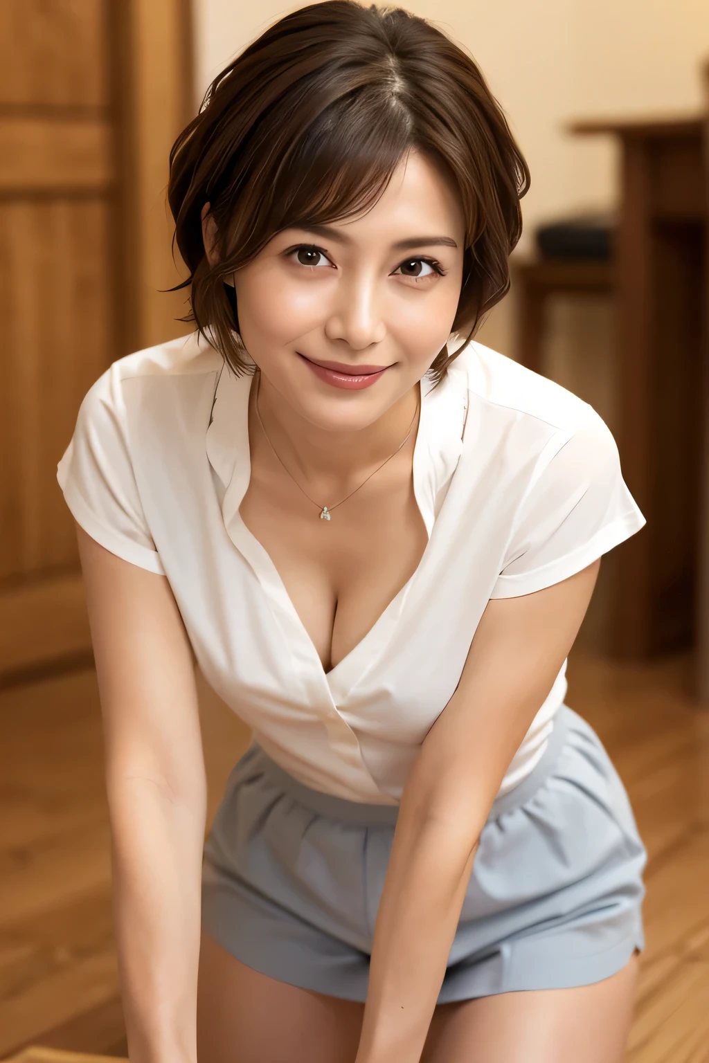 8K, Highest quality, masterpiece, Realistic, Realistic, Very detailed, Natural light, 1 Japanese female, 40 years old, Slightly brown-haired, short hair, White shirt, (Leaning forward to look into the floor camera), Detailed bending forward, Underwear and shirt, , Open neckline shirt with details, Her cleavage is visible, A refreshing smile, A friendly smile, Happy emotion smiley faces, Very detailedな顔と肌, Very detailedな目, Very detailedな顔と肌, Very detailed smile,