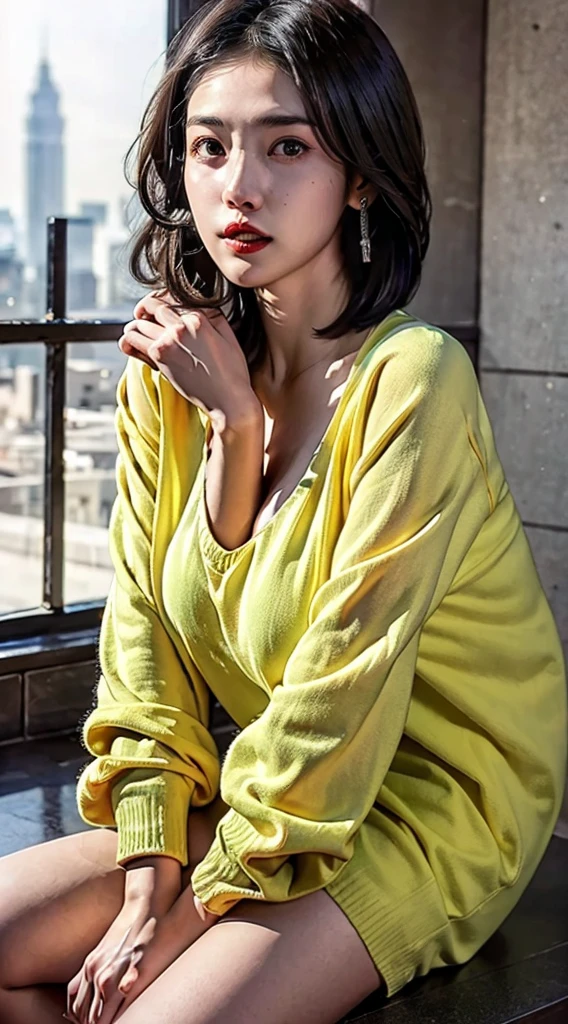 (Best Quality,8K、Photorealsitic,超A high resolution:1.2),(Beautiful face、Cute  s),(big sagging breasts:1.5, wide nipple, huge nipple),(Sweaters),(Voluptuous)、(nip slip), small waist, skinny, bob cuts、bathroom