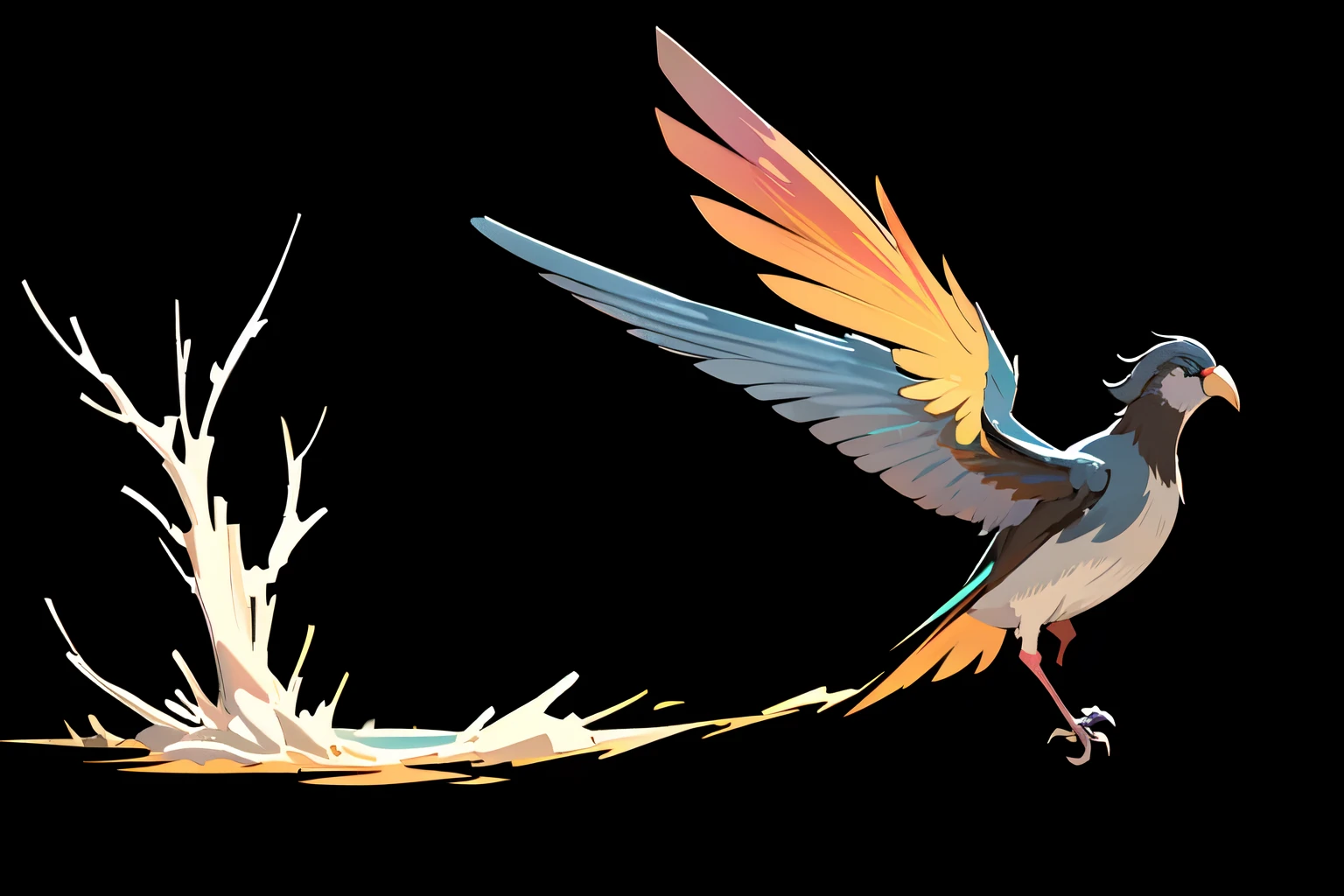 masterpiece,best quality, Beautifully painted,Very detailed,(Denoising:0.6 ),Very simple,Colorama Color Rainbow RGB ,masterpiece, best quality, Highly detailed CG Unity 8k wallpaper,masterpiece, best quality, Extremely detailed, {Wonderful media}, Limited color palette, A bird,Pure black background,Flying,Birds in flight,Open your wings