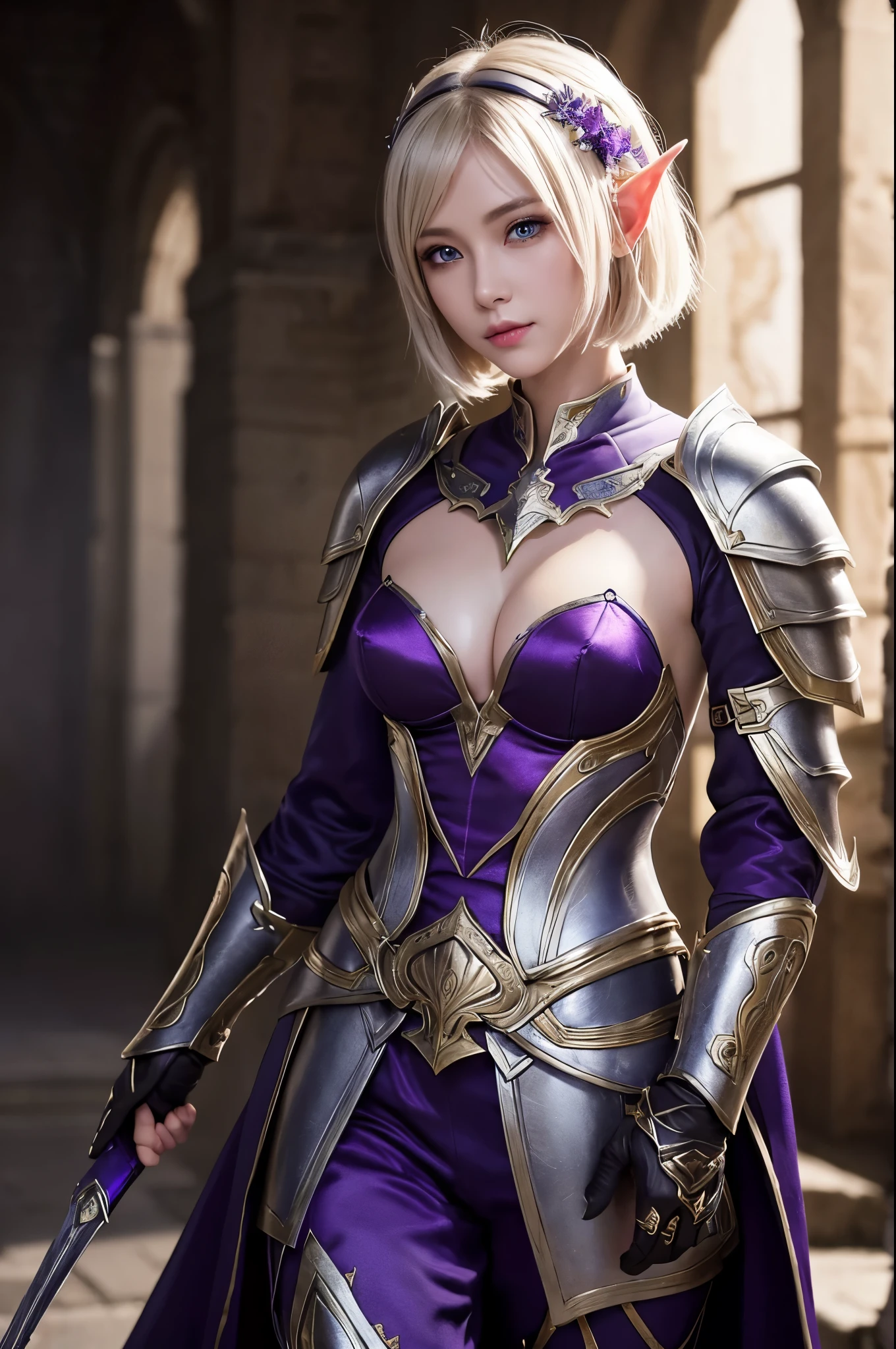 8K,Blonde short bob hair elf、Super Beauty(Like the real thing),An Arafed woman in purple and black holding a silver and purple bow、超詳細なFantasy Characters、3DレンダリングCharacter Art,blue eyes、artgerm;3D Unreal Engine、Fantasy Costume,Detail Fantasy、Stunning Armor、Fantasy Characters、見事なCharacter Art、Enchantingなメスマー女性、Gorgeous Female Paladin、Ultra-high resolution、Ultra-Realistic Skin、Beautiful expression、Sexy appearance、Enchanting、Beautiful small breasts,Rich colors、Backlight、Cinema Lighting、Film Grain、50mm lens、Nikon D850、Fantasy art,Character Art、Dynamic fighting poses、In a dimly lit dungeon、Makeup、Elf Ears,Very muscular and slim body,Very very strong abs,Silver hair ornament(one point),Purple and black combat trousers,