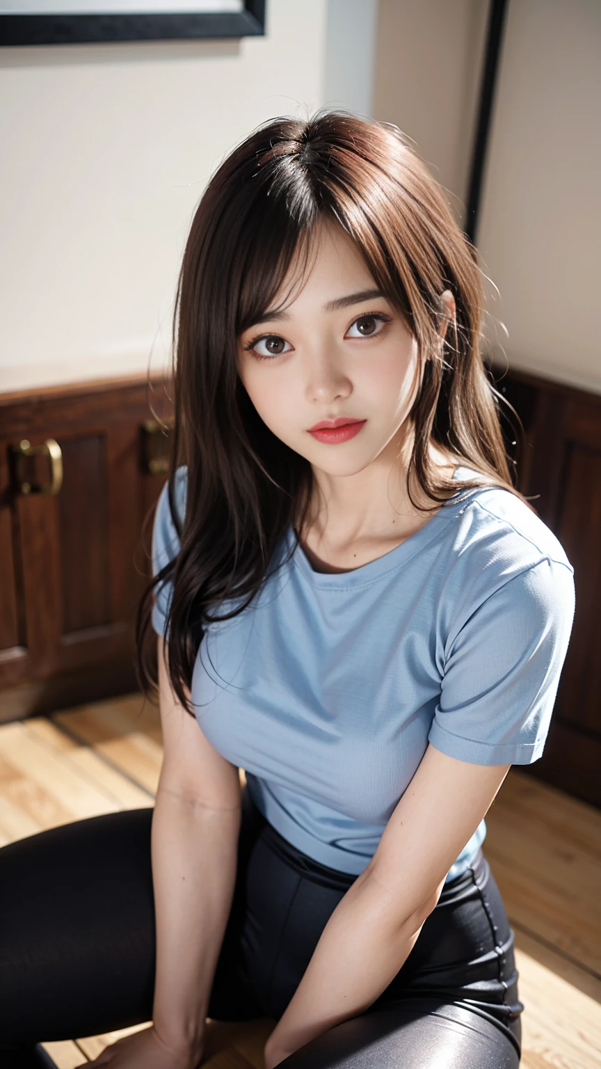 ((Huge-tits, Small Head)), (Perfect Body: 1.1), (Young), (Short Wavy Hair: 1.2), ((Blue t-shirts)), (Gray tight leggings), (Highly Detailed CG 8k Wallpaper), (Very Delicate and Beautiful), (Masterpiece), (Best Quality: 1.0), (Ultra High Definition: 1.0), Beautiful Lighting, Realistic Shadows, [Hi-Res], (((Realistic Skin))), Ultra Detail, A Little Thicker Thigh, ( Beautiful Long Hair), Beautiful Big,(Blush), Photonic, Realistic Face, Realistic Eyes, (Small Eyes), (Eyeliner), (Mascara), Sexy, (Sexy Woman), (Adult Woman), (Dark red Hair), Pictures of 20 Year Old Women, (Sitting with Legs Spread On Office Chairs in living room), (Casual Uniforms), Blurry Background,( Black knee-high), Red highest, (shiny big), new  york  cityscape background, (clear blue eyes),sitting, panty shot, legs spread wide, (shiny all over the body) (glossy on the body), ((legs spread wide)),hands behind the back, shiny on the legs, shiny on the legs, sweat, (glossy on the legs), absolute area, knee raising, knee opening,