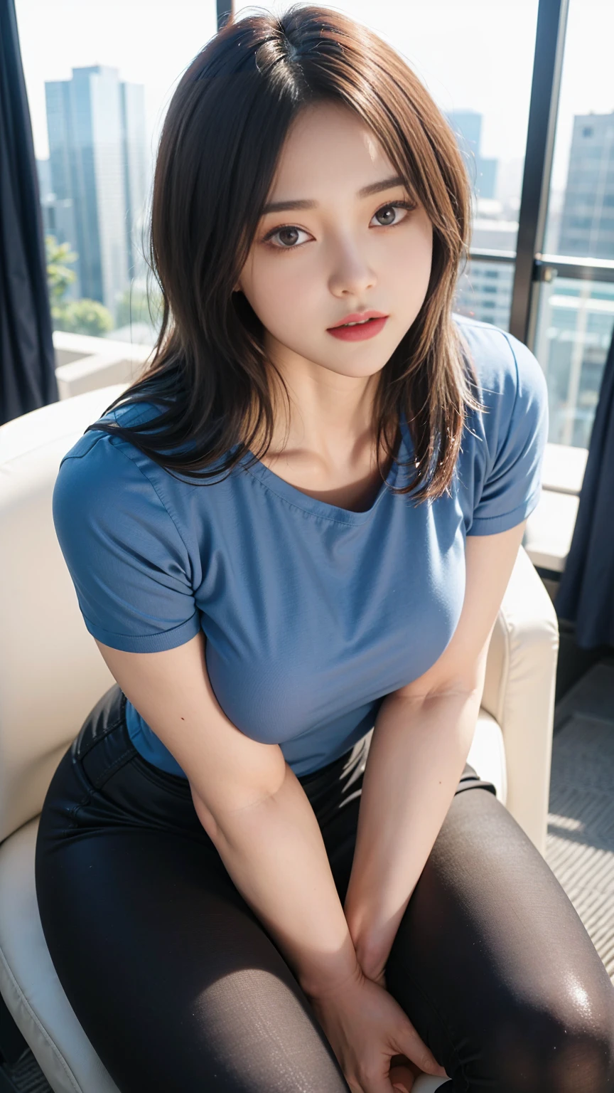 ((Huge-tits, Small Head)), (Perfect Body: 1.1), (Young), (Short Wavy Hair: 1.2), ((Blue t-shirts)), (Gray tight leggings), (Highly Detailed CG 8k Wallpaper), (Very Delicate and Beautiful), (Masterpiece), (Best Quality: 1.0), (Ultra High Definition: 1.0), Beautiful Lighting, Realistic Shadows, [Hi-Res], (((Realistic Skin))), Ultra Detail, A Little Thicker Thigh, ( Beautiful Long Hair), Beautiful Big,(Blush), Photonic, Realistic Face, Realistic Eyes, (Small Eyes), (Eyeliner), (Mascara), Sexy, (Sexy Woman), (Adult Woman), (Dark red Hair), Pictures of 20 Year Old Women, (Sitting with Legs Spread On Office Chairs in living room), (Casual Uniforms), Blurry Background,( Black knee-high), Red highest, (shiny big), new  york  cityscape background, (clear blue eyes),sitting, panty shot, legs spread wide, (shiny all over the body) (glossy on the body), ((legs spread wide)),hands behind the back, shiny on the legs, shiny on the legs, sweat, (glossy on the legs), absolute area, knee raising, knee opening,