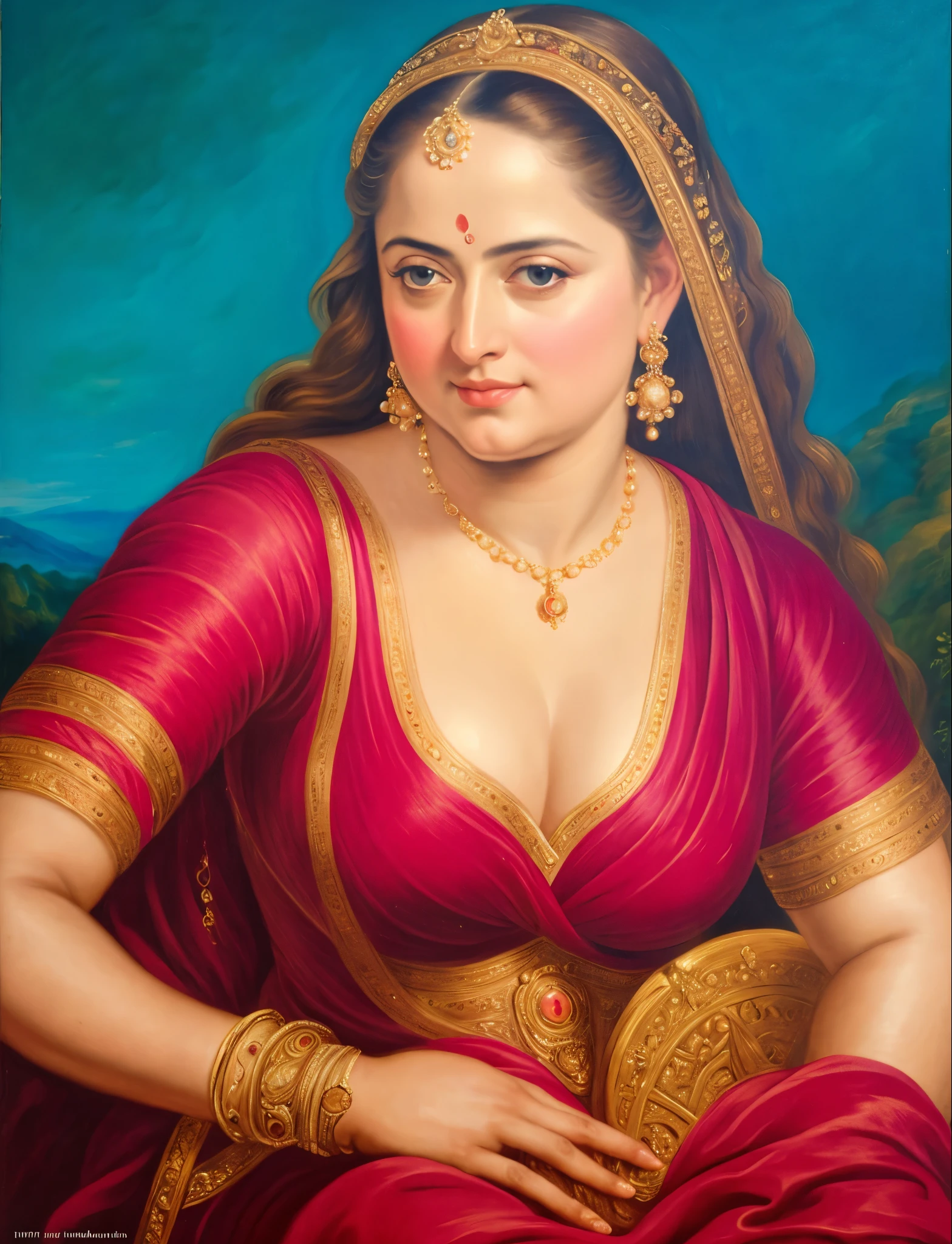 Looks like Anushka Shetty, (solo), middle aged woman, Masterpiece, Best quality, high clarity eyes, beautifully styled hair, curvy, sexy navel folds, feminine curve, motherly figure, critically flawless,sharp picture, Full portrait, High pixels, perfect face, perfect eyes, beautiful face, perfect hands,perfect fingers, in Peter Paul Rubens style, by Peter Paul Rubens, baroque style, acrylic on canvas, highly detailed, description: "Create a nymph inspired by the tales of Greek or Roman mythology, embodying the essence of a natural element or location, and possessing a unique ability or trait that sets her apart.", beautiful nature in the background, Brilliant colors,