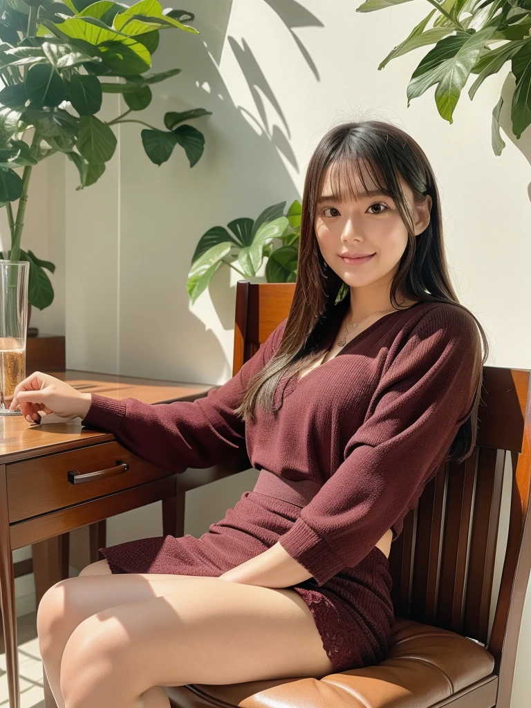 rie,One Woman,(best quality), (ultra detailed), (absolutely resolution),Face is front, 20-year-old, Sit on a chair, Office Lady, The color of the dress is burgundy, The pattern on the clothes is paisley, Black Hair, Poolside bedroom、An open space with a resort feel