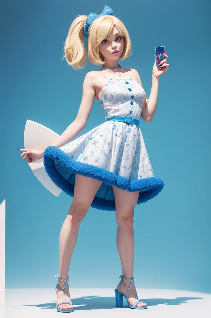 character, Inside Out, disney pixar style, 3d, blondie hair, compridos, printed dress and high sandals, holding nail polish, blue fur, White background, 8 k quality