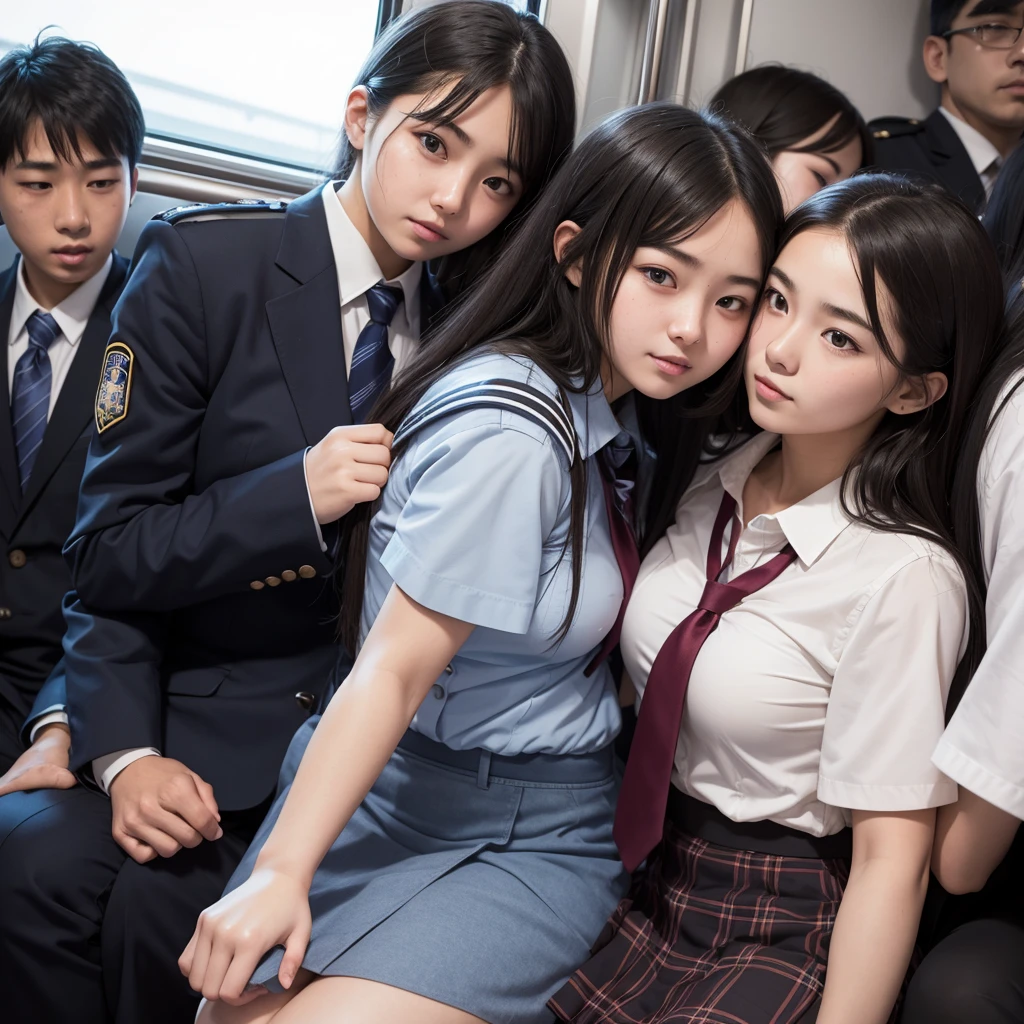 Beautiful innocent high school girl surrounded by excited high school boys, A beautiful girl with a baby face like an idol, Clothing is disturbed, A high school boy strips off his uniform and reveals his underwear, A high school boy grabs my breasts from behind, My butt is touched by a high school boy, Anatomically correct, Molested by a group of high school boys on the train, Staring at the audience, Beautiful wavy black medium bob hair, She screams with her mouth open in shame at being seen in her underwear in public, blush, Body flushed red, Wet with sweat, Increased sensitivity, Tears overflow from your beautiful eyes, Ultra high definition, Slender body, Can be smelled from close range, Japanese, Cowboy Shot, Relaxation and turning your legs inwards