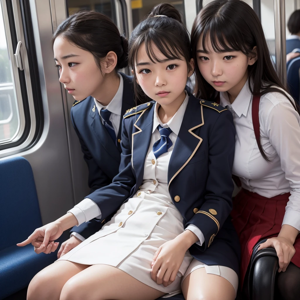 Please draw me a high quality picture of a beautiful high school girl in uniform enjoying being molested on the train.