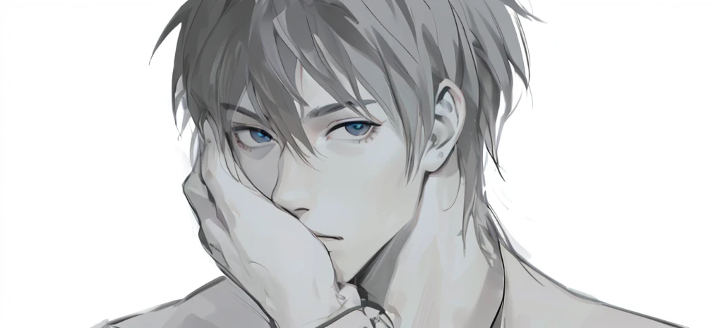 A man's avatar,A hand touches the cheek,Thick coating,Soft expression,Good-looking facial features,look up