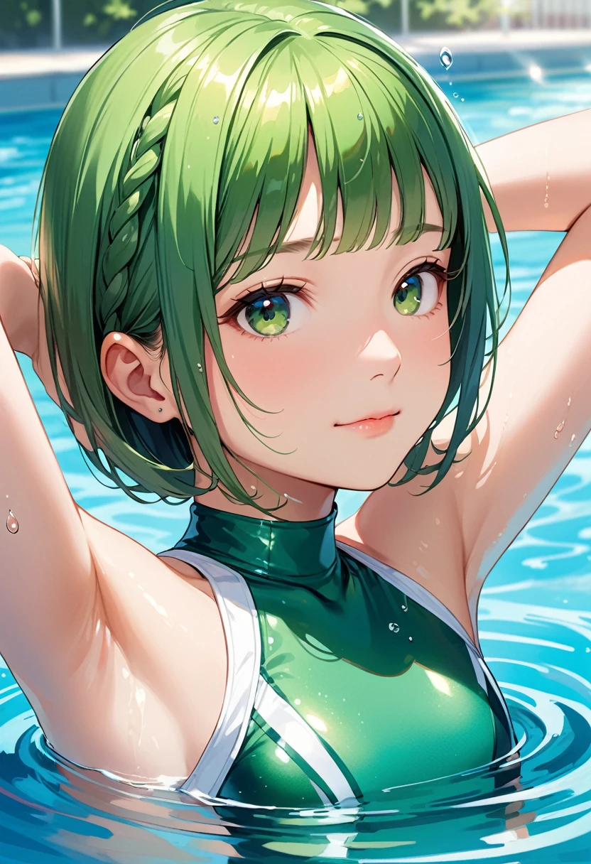 Highest quality、High resolution、Detailed Background、(Beautiful face in every detail:1.4)、Anatomically correct、(Detailed facial expressions)、(fine grain:1.2)、age Beauty、Cute hair color、Braided bob cut、One girl, ((Primary school students)), Junior competitive swimmer, ((Turtleneck one piece swimsuit)), Simple design without patterns, Clear metallic green swimsuit, Small breasts、Perfect body line、 Portrait, ((Close-up of the mouth)), View your viewers, Outdoor swimming pool, From the side, Partially submerged, Wet Skin, A quiet smile with closed mouth, (armpit), Hands do not hold anything