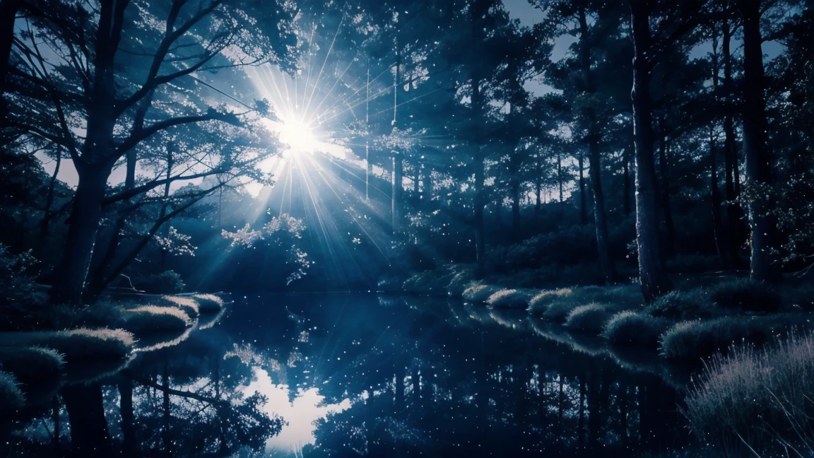 A blue glowing tree made of light in the center, shimmering with silver stars on the water surface. The background is dark and starry sky, with a blue faint glow on top of it. Add small circle lights floating around. In an animated style, the leaves sparkle like diamonds, creating a mysterious atmosphere. The scene conveys dreamy and tranquility, and harmony, giving people feelings of calmness and magical beauty. Deep focus, high contrast, wide shot, hyper realistic photography