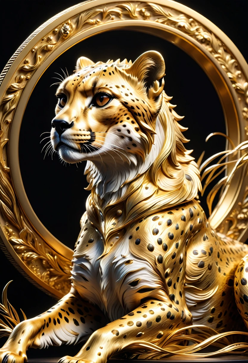 Cheetah made of gold metal, (masterpiece), (high quality), 8K, high resolution, extremely detailed,