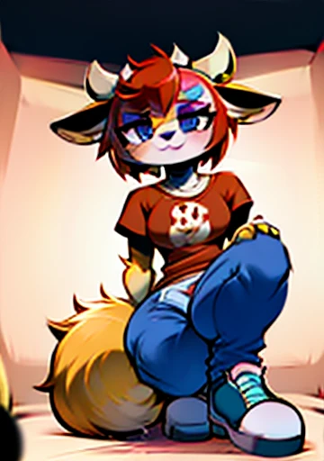 Lammy, furry female, deer ears, half-open eyes, animal ears, short red hair , black eyes, standing, smiling, solo,
LMattire, sleeves, red shirt, jeans, belt, crop top, midriff, a green watch,
(insanely detailed, beautiful detailed face, masterpiece, best quality) <lora:Lammy-09:1>