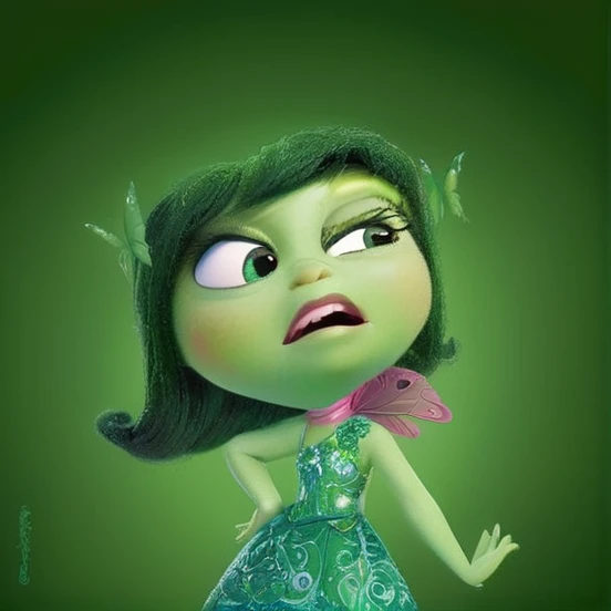 A funny character from the movie, a with green skin, black hair down to the shoulder and a white dress with butterfly designs, super detailed, realistic, very cute, with big eyes