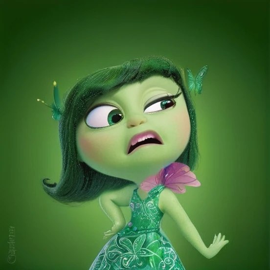 A funny character from the movie, a  with green skin, black hair down to the shoulder and a white dress with butterfly designs, super detailed, realistic, very cute, with big eyes 