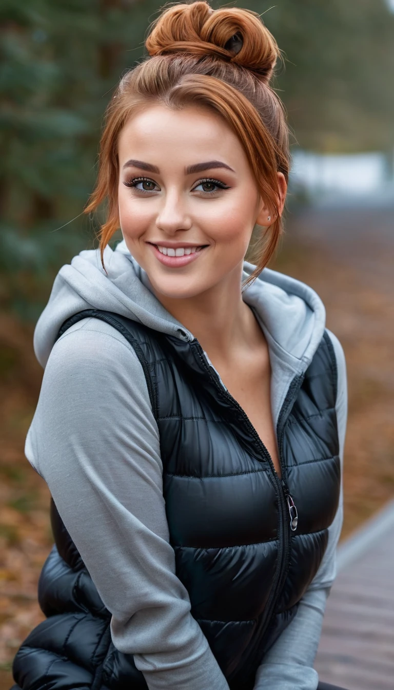 ultrarealistic high quality full body photo of a beautiful busty slim european 25-year-old woman with cute hyperdetailed shy face and natural redhead messy bun hair and shy smile , realistic round hazel eyes, natural lips, dark eye makeup with eyeliner, wearing casual hoodie with shiny puffer vest and latex leggins, hourglass body, outdoor photography, tanned

