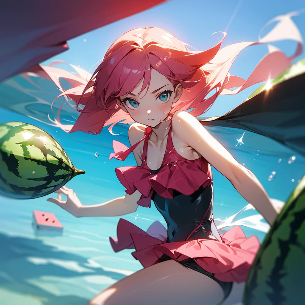Watermelon, watermelon slice, summer, water, colourful, illustration, anime style,