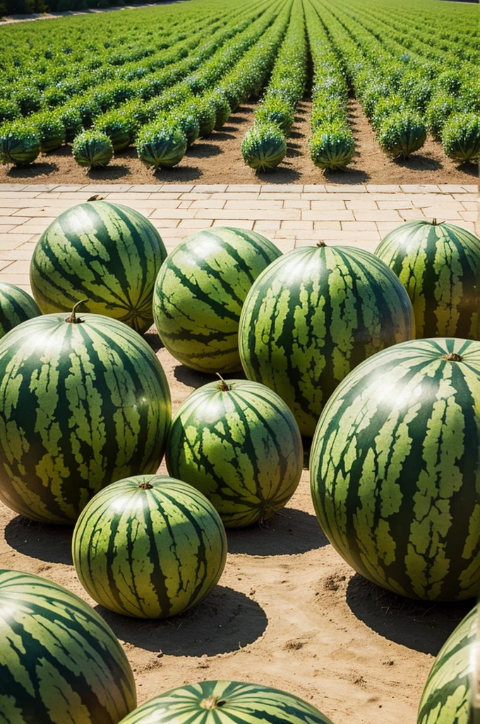 Create an image where you can see many watermelons of different sizes and some open and closed and that in turn has a perspective with a vanishing point 