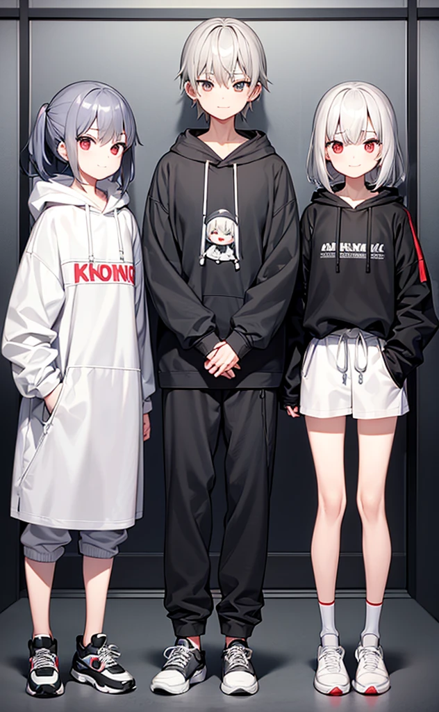 juvenile,Gray hair,Standing,Greet the screen with a smile,whole body。Grey Hoodie,There are two little dolls hanging around the waist.。Brown trousers,sports shoes。individual。