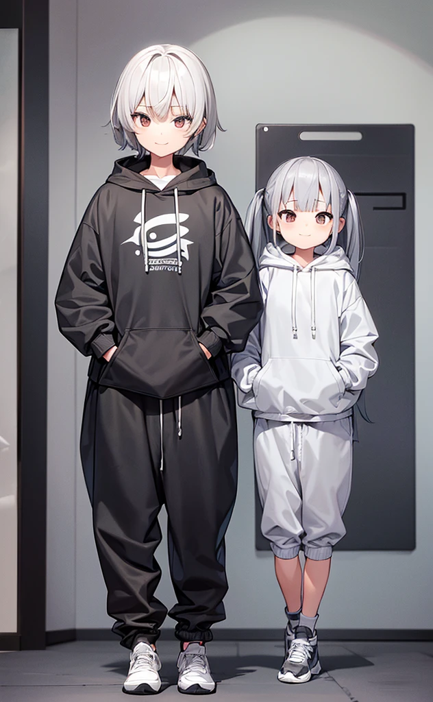 juvenile,Gray hair,Standing,Greet the screen with a smile,whole body。Grey Hoodie,There are two little dolls hanging around the waist.。Brown trousers,sports shoes。individual。