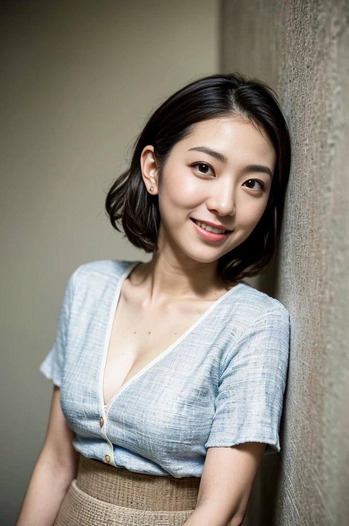 (Highest quality, masterpiece,Photo Real,Super detailed,Textured skin:1.2),From above, break (Put your hands on your knees),(Bend your waist forward),((Tilt your upper body)),1 Girl, break (mini skirt),(shirt), break (Japanese single mother),(３１age), break (Medium Hairstyles),Natural Eyebrow,smile,