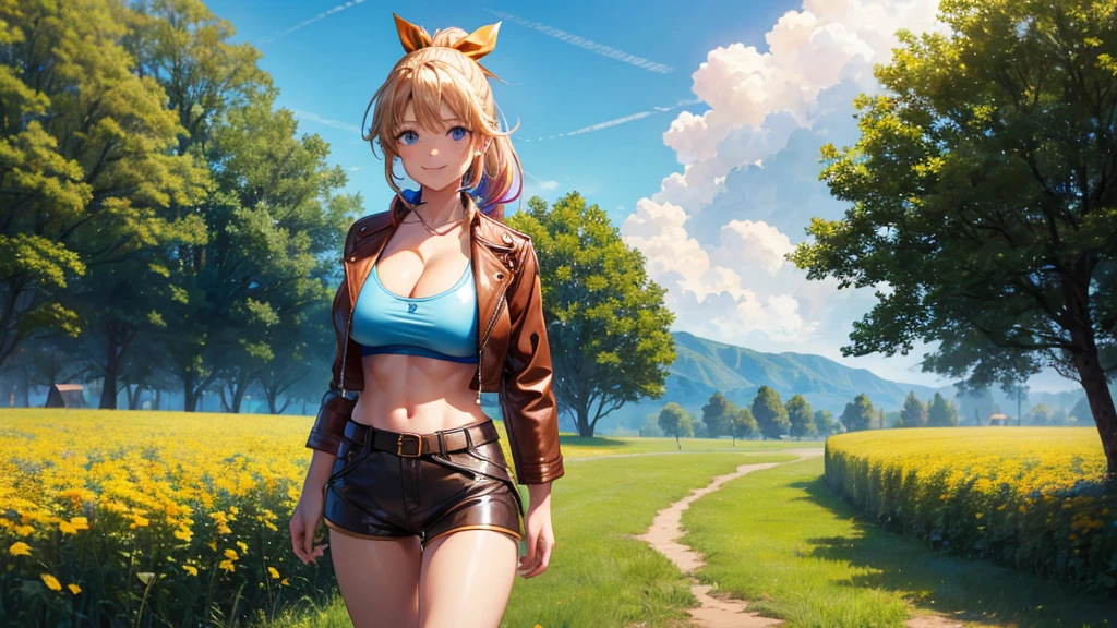 1girl, solo, summer, village, trees, sun, clouds, ((colorful hair)), ponytail, large full breasts, ((brown leather jacket)), brown leather shorts, ((blue bra)), nipples, blue eyes, skirt, smile, looking at the viewer, standing, hair ribbon, golden necklate