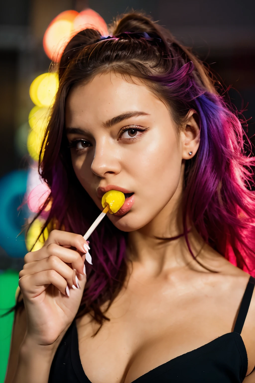(masterpiece, best quality:1.2), 1girl, solo, high quality raw photograph of a young girl, licking a red lollipop, lollipop on hand, colorful hair, vibrant neon colors, silhouette, illustration, looking at viewer, lofi,UHD, accurate, textured skin, super detail, high details, high quality, highres, 1080P, 4K